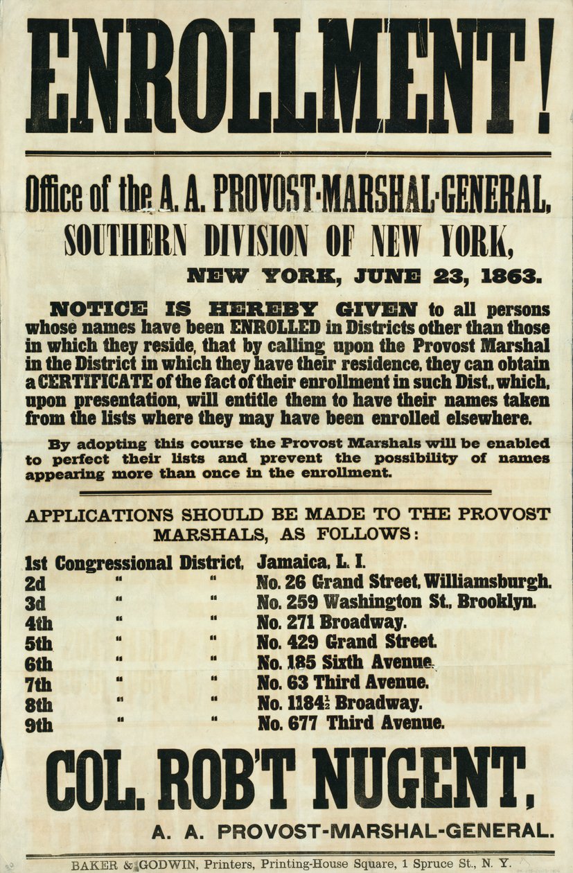 Plakat rekrutacyjny do Oddziału Południowego Nowego Jorku, 23 czerwca 1863 r. autorstwa American School