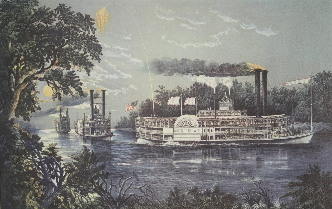 Zaokrąglanie zakrętu na Missisipi, Steamboat Queen of the West, wyd. 1866, Currier i Ives autorstwa American School