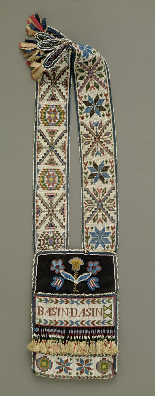 Torba na ramię, Chippewa, rdzenni Amerykanie, ok. 1850 (wełna, przędza, bawełna i nici, jedwabna wstążka i szklane koraliki) autorstwa American School
