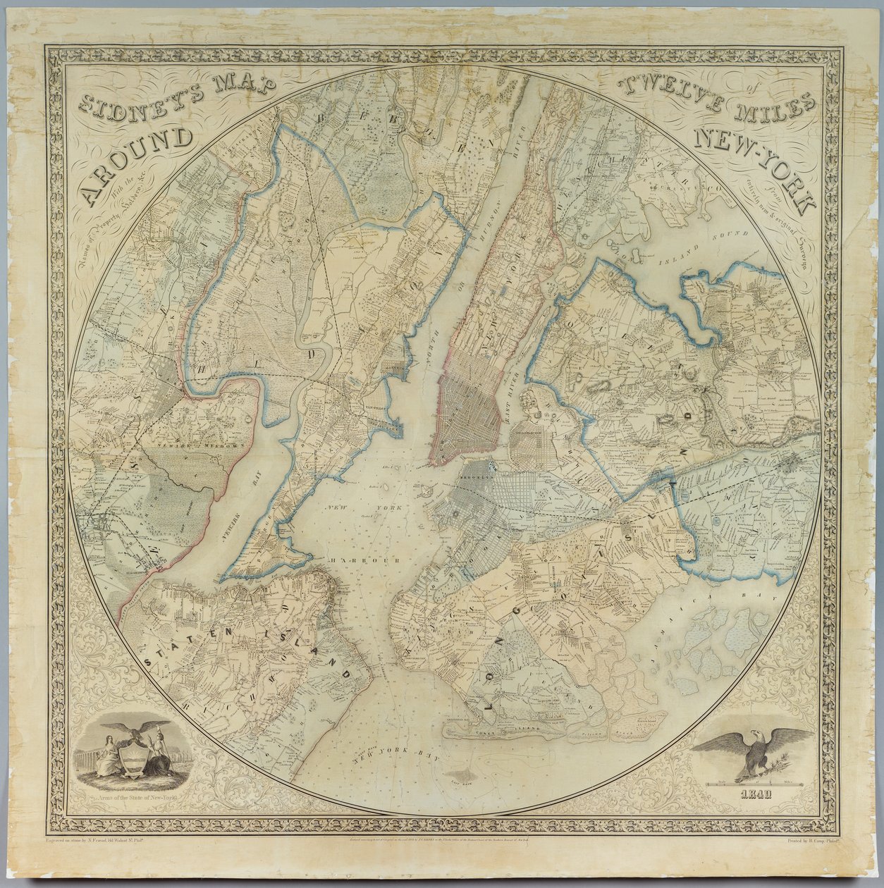 Mapa Sidneys Twelve Miles Around New York, litografia Norman Friend (fl.1850-1871), druk John Henry Camp (1822-1881), 1849 (chromolitografia) autorstwa American School
