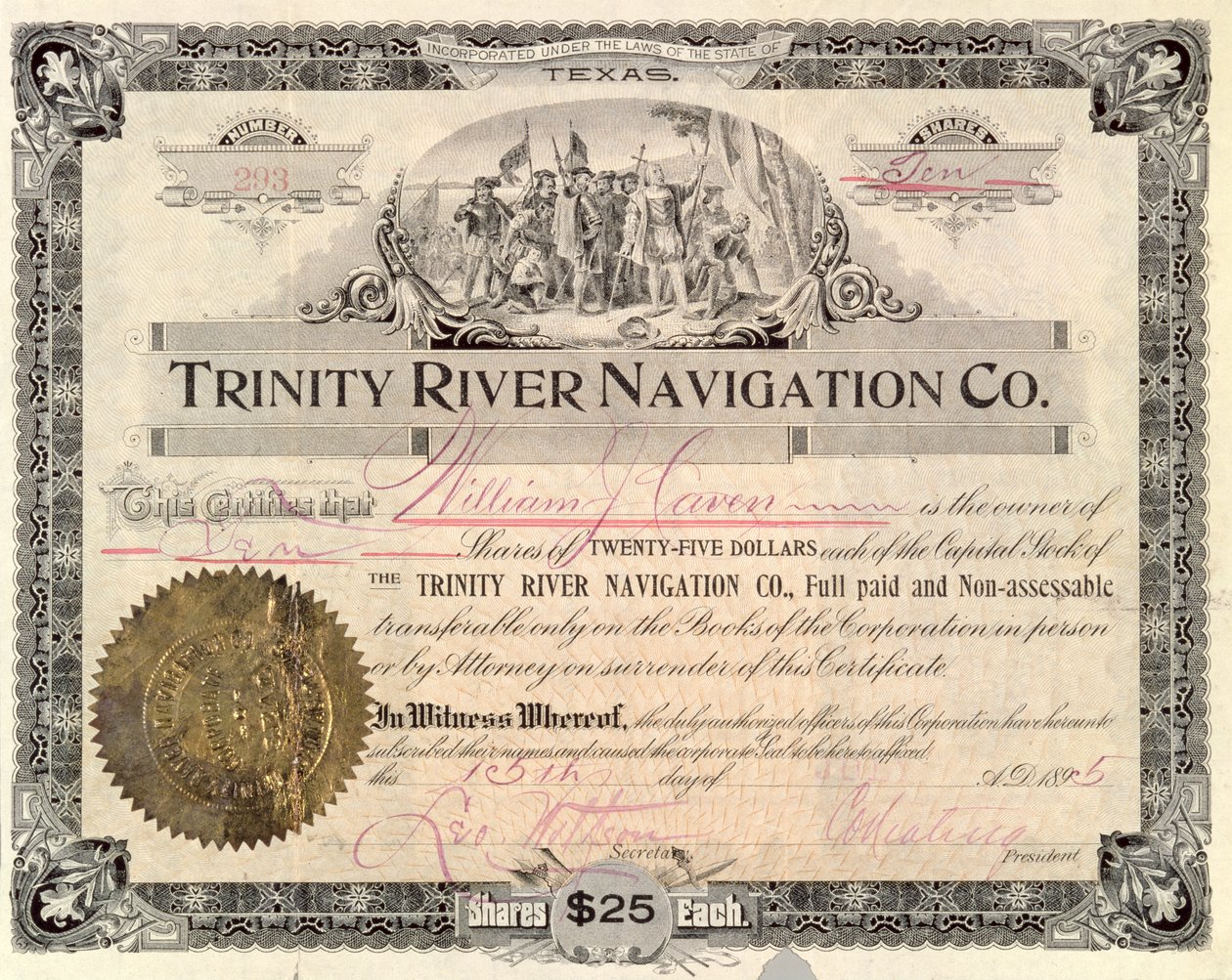 Udział w akcjach dla Trinity River Navigation Co., 1895 autorstwa American School