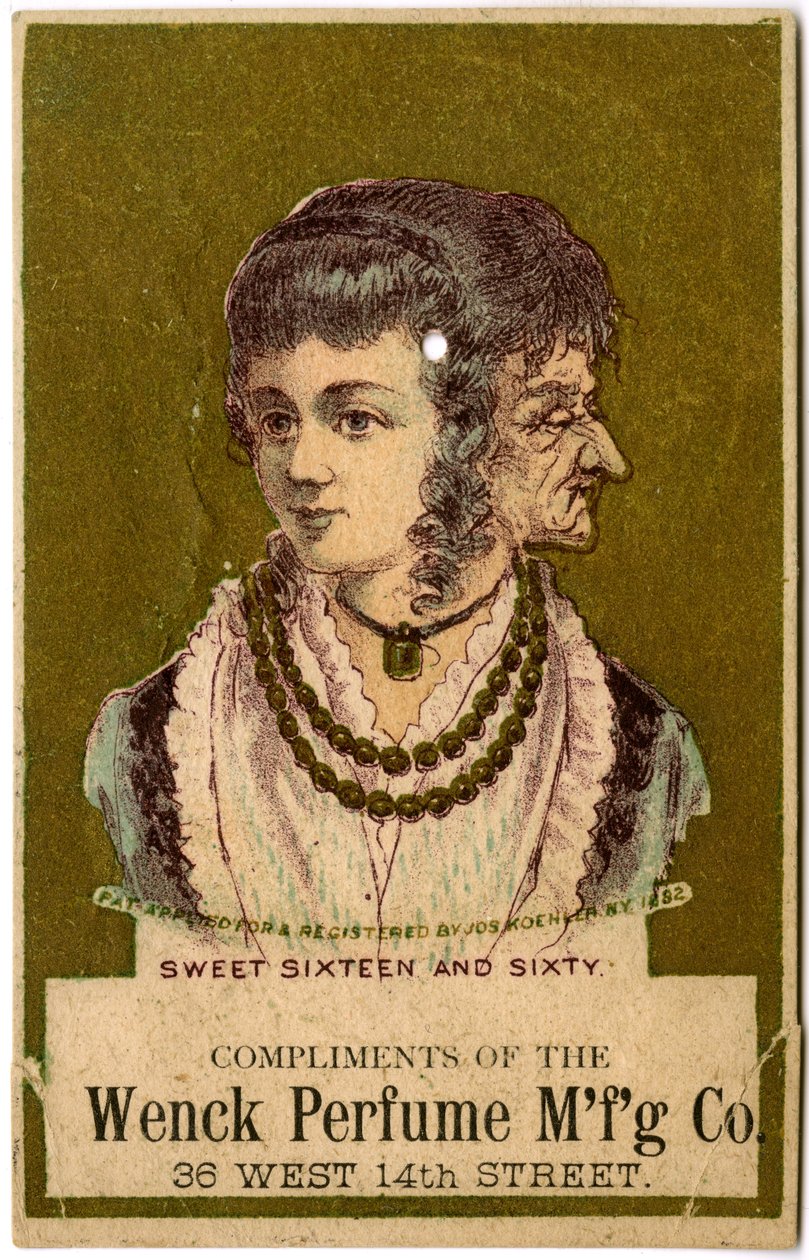 Sweet Sixteen and Sixty, Compliments of the Wenck Perfume Mfg Co., 36 West 14th Street., 1882 (kolor lito [karta handlowa] autorstwa American School