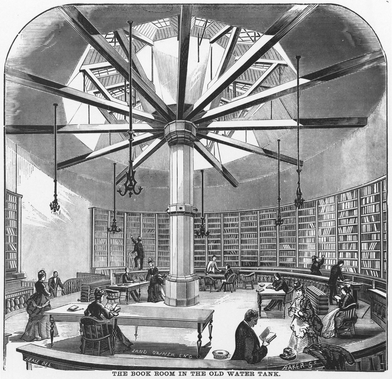 The Book Room in the Old Water Tank, z The Merchants and Manufacturers of Chicago, opublikowane przez J.M. Wing & Co., 1873 autorstwa American School