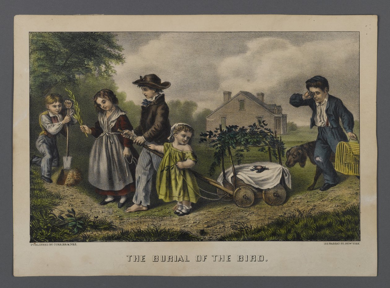 The Burial of the Bird, wyd. Currier & Ives, Nowy Jork (lito ręcznie kolorowane) autorstwa American School