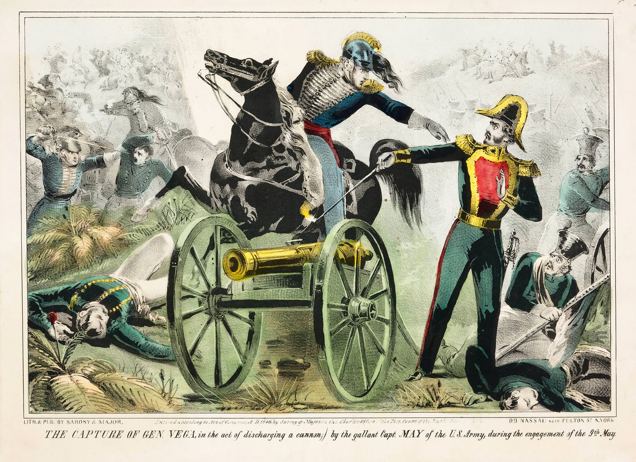 Zdobycie generała Vegi podczas strzelania z armaty przez dzielnego kapitana Maya armii amerykańskiej podczas potyczki 9 maja, pub.1846 (ręcznie kolorowana litografia) autorstwa American School