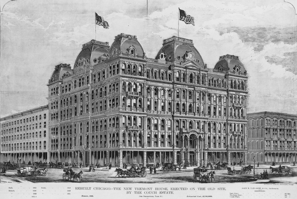 New Tremont House, ilustracja z dodatku Land Owner, marzec 1873 r. autorstwa American School