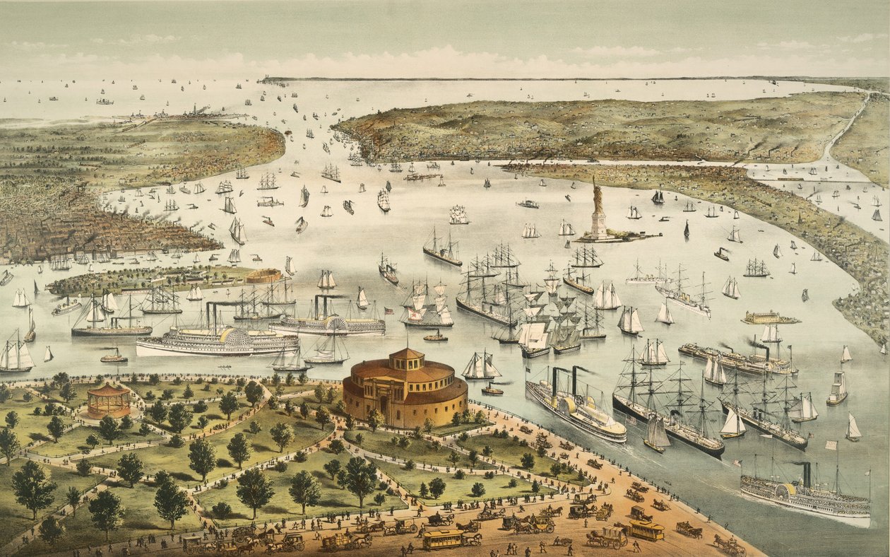 Port w Nowym Jorku: widok z lotu ptaka z baterii, patrząc na południe, pub. 1892 autorstwa American School