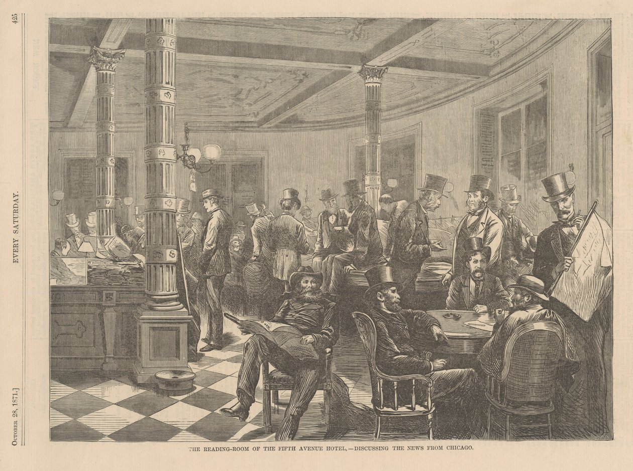 Czytelnia hotelu Fifth Avenue w Nowym Jorku - Omawianie wiadomości z Chicago, ilustracja z każdej soboty 1871 autorstwa American School