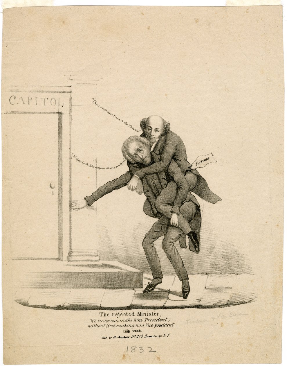 Odrzucony minister, Nigdy nie możemy uczynić go prezydentem, bez uprzedniego uczynienia go wiceprezydentem [Jackson i Van Buren], 1832 autorstwa American School