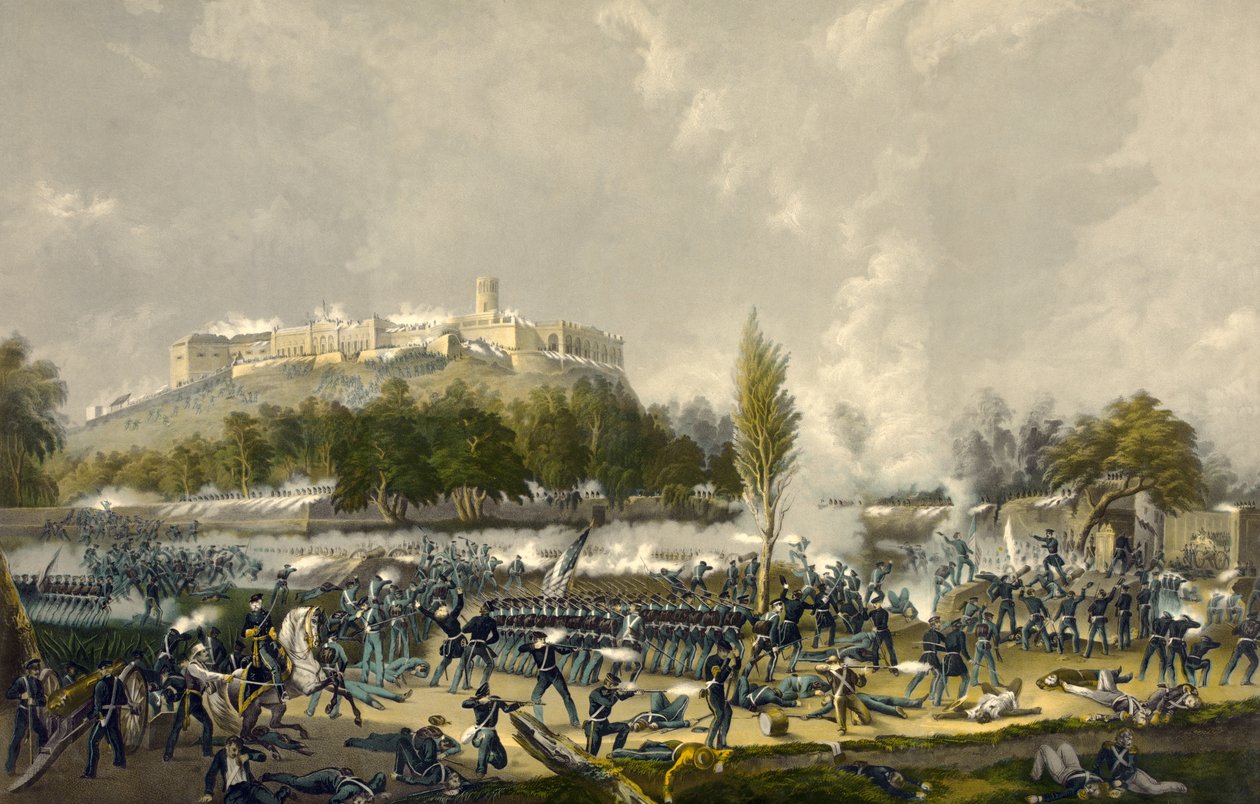 Szturm na Chapultepec, 13 września 1847, wyd. 1848 (kolorowa lito) autorstwa American School