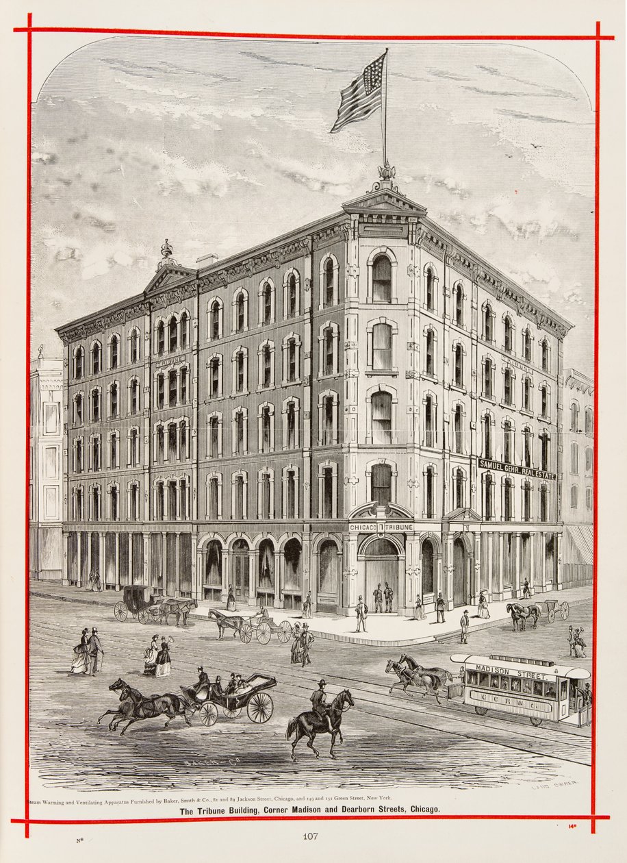 The Tribune Building na rogu ulic Madison i Dearborn w Chicago, ilustracja w The Merchants and Manufacturers of Chicago Illustrated, 1873 autorstwa American School