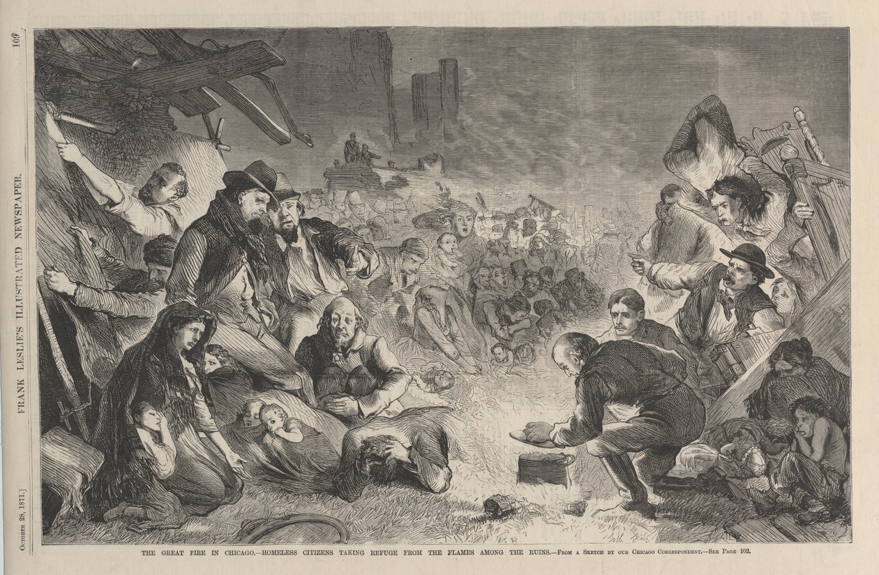 Wielki pożar w Chicago – bezdomni uciekający przed płomieniami wśród ruin, ilustracja z Frank Leslies Illustrated Newspaper, 1871 autorstwa American School
