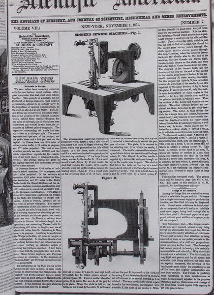 Oryginalny model maszyny do szycia autorstwa Isaaca Merrita Singera (1811-75) z The Scientific American, 1 listopada 1851 autorstwa American School