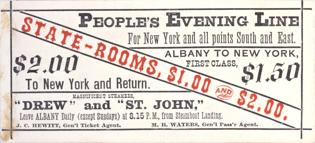 Bilet na Peoples Evening Line, Albany do Nowego Jorku, recto (rycina [bilet]) autorstwa American School