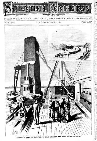Transfer zboża przez elewatory na parowce oceaniczne, port w Nowym Jorku ilustracja na okładce z Scientific American, 4 października 1879 r. autorstwa American School