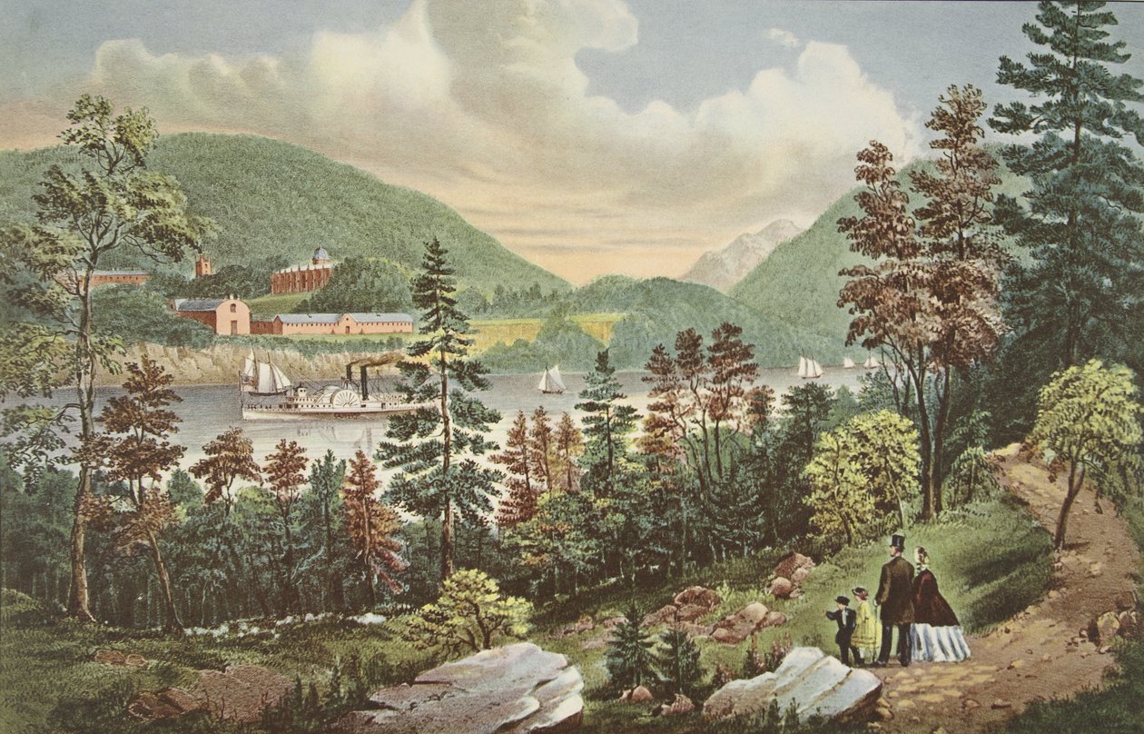 Akademia Wojskowa USA - West Point, z przeciwległego brzegu, wyd. 1862, Currier i Ives autorstwa American School