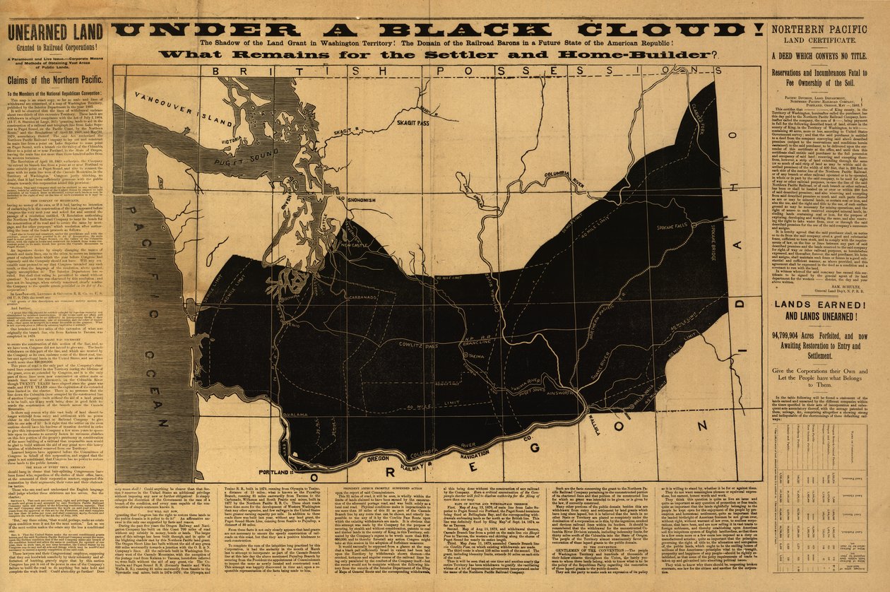 Pod czarną chmurą! Co pozostaje dla osadnika i budowniczego domu? Mapa terytorium Waszyngtonu opublikowana przez Departament Spraw Wewnętrznych w 1883 r. autorstwa American School
