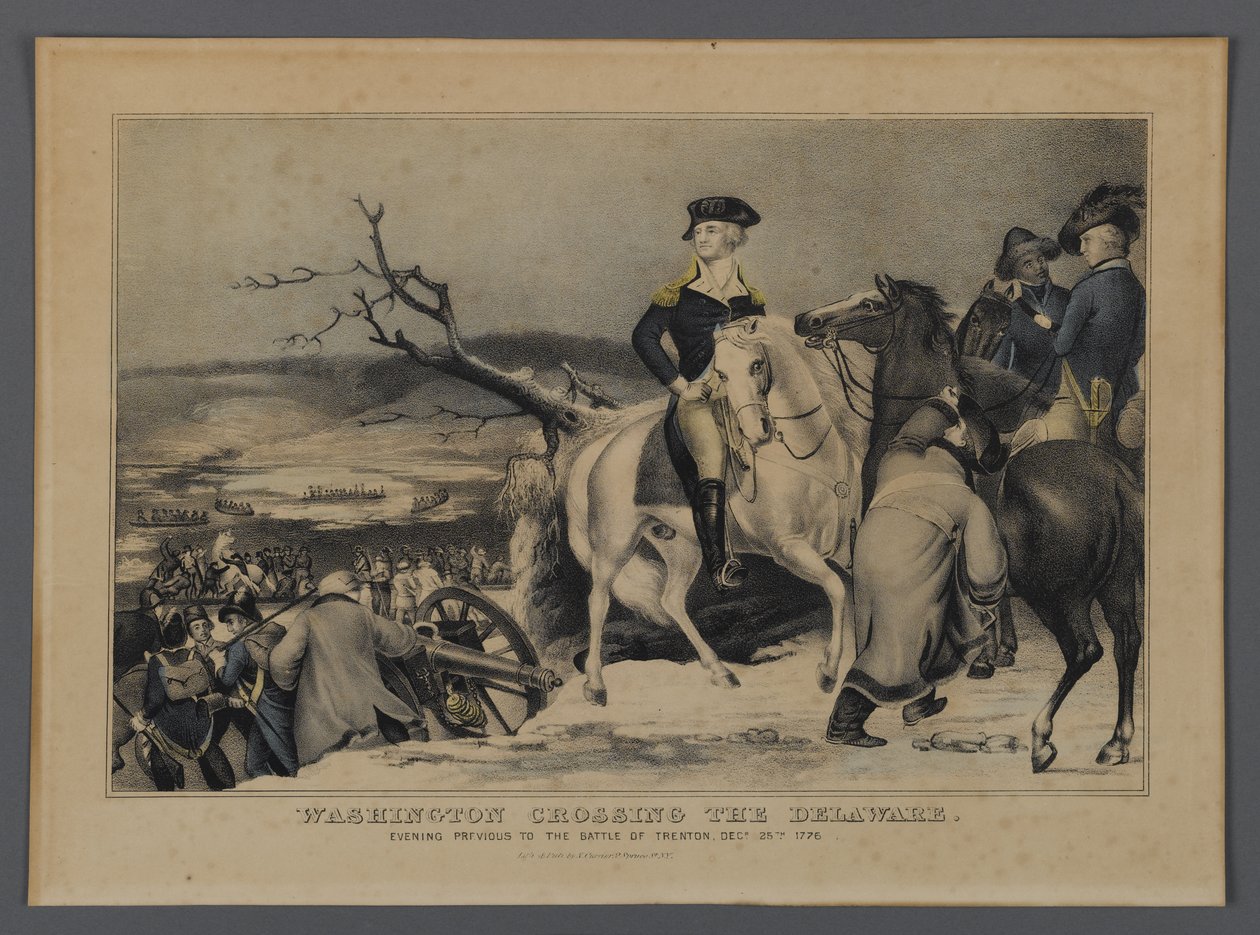 Washington Crossing the Delaware, wyd. Currier & Ives, Nowy Jork, 1876 (ręcznie kolorowana litografia) autorstwa American School
