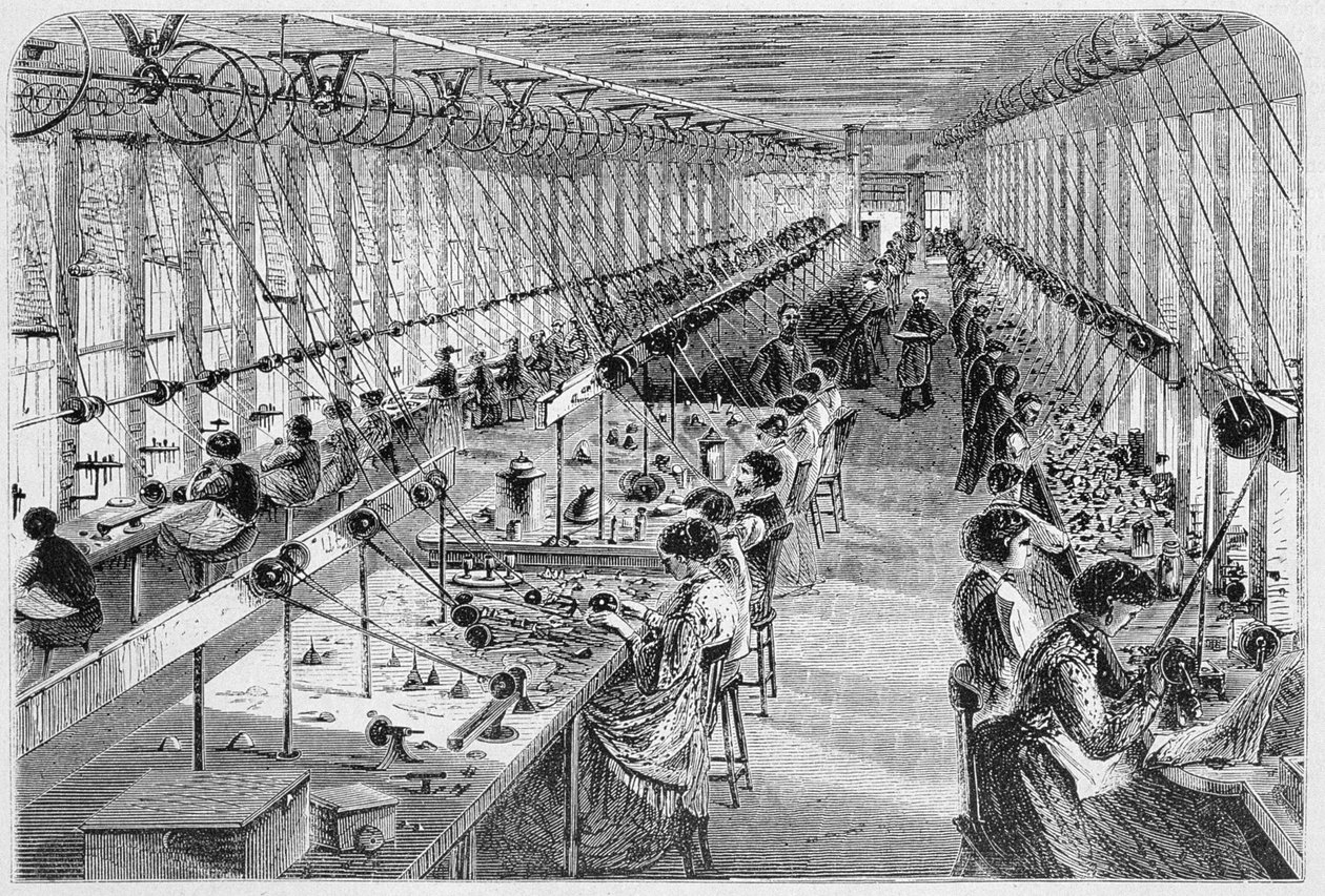 Kobiety w fabryce zegarków w Waltham, Massachusetts, 1870 (patrz także 251300) autorstwa American School
