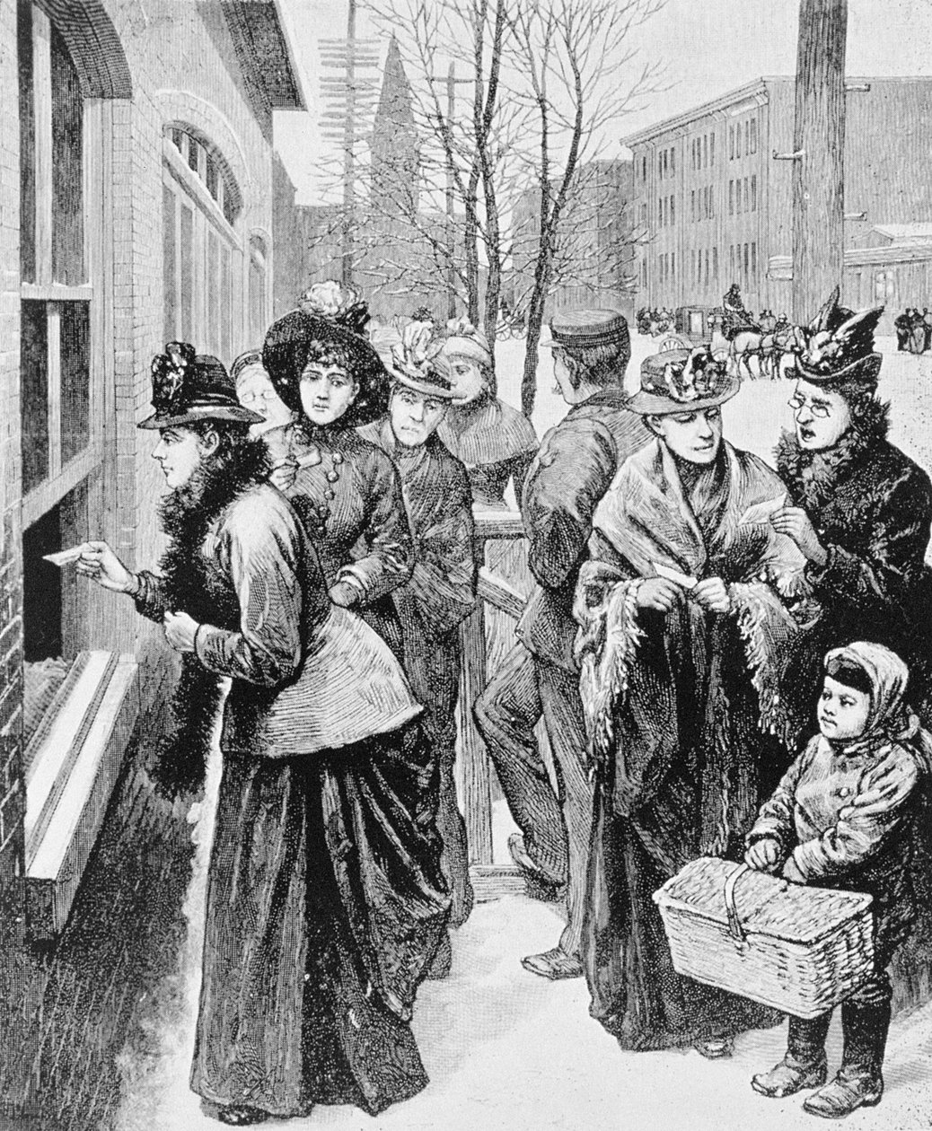 Kobiety w kolejce do udziału w wyborach, 1870 autorstwa American School