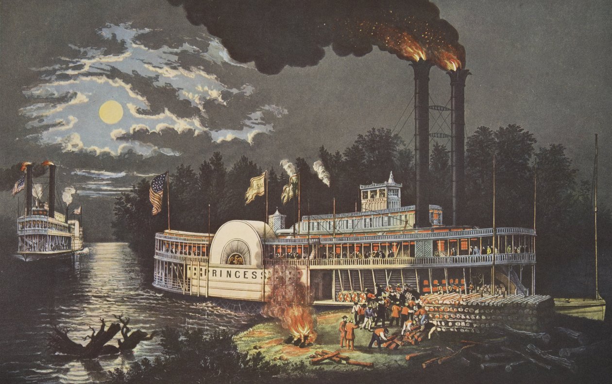 Wooding Up On The Mississippi, wyd. 1863, Currier i Ives autorstwa American School