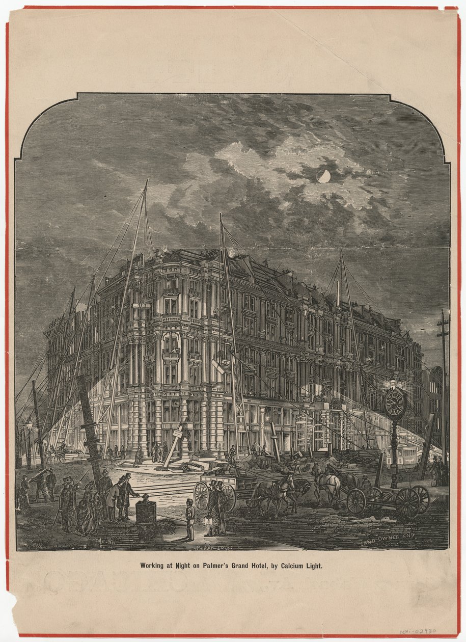 Praca w nocy w Palmers Grand Hotel przy Calcium Light, ilustracja z filmu Właściciel ziemi, ok. 1872 r. autorstwa American School