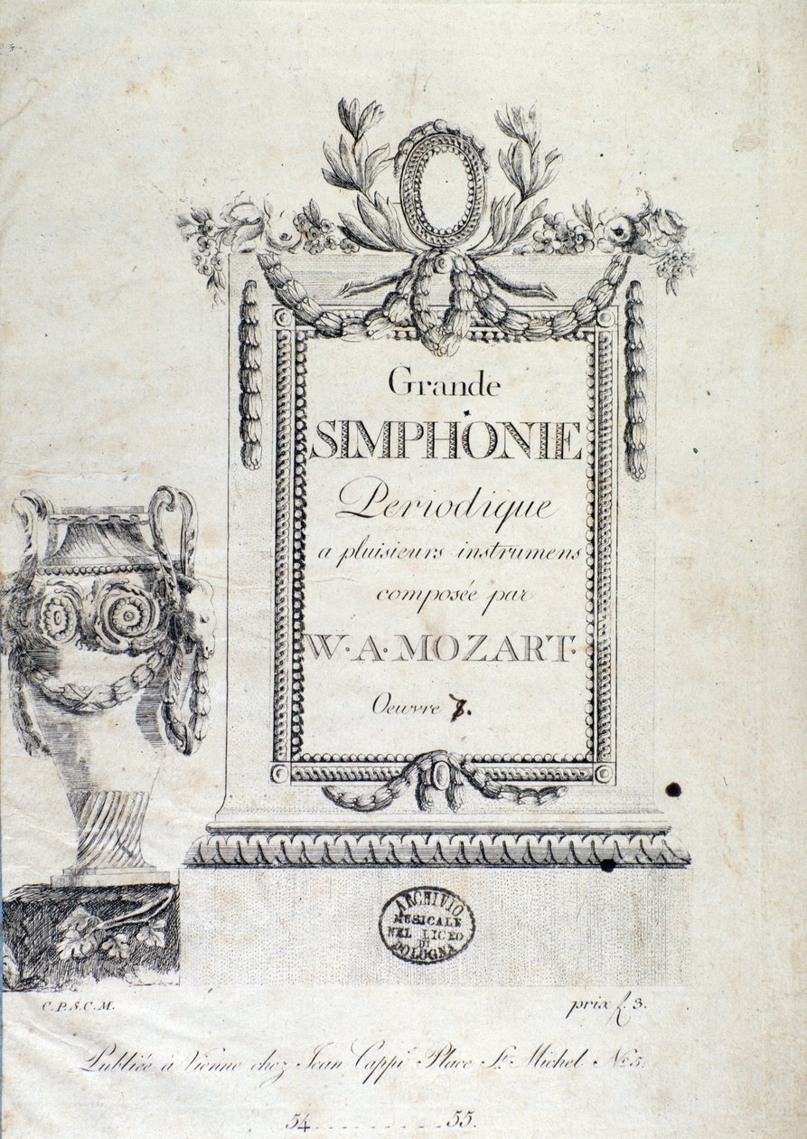 Frontyspis Symfonii nr 7 austriackiego kompozytora Wolfganga Amadeusza Mozarta (1756-1791). autorstwa Austrian School