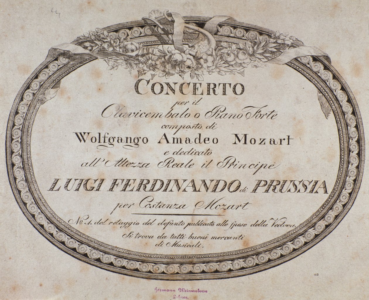 Frontyspis partytury koncertu na fortepian i klawesyn austriackiego kompozytora Wolfganga Amadeusza Mozarta (1756-1791). autorstwa Austrian School