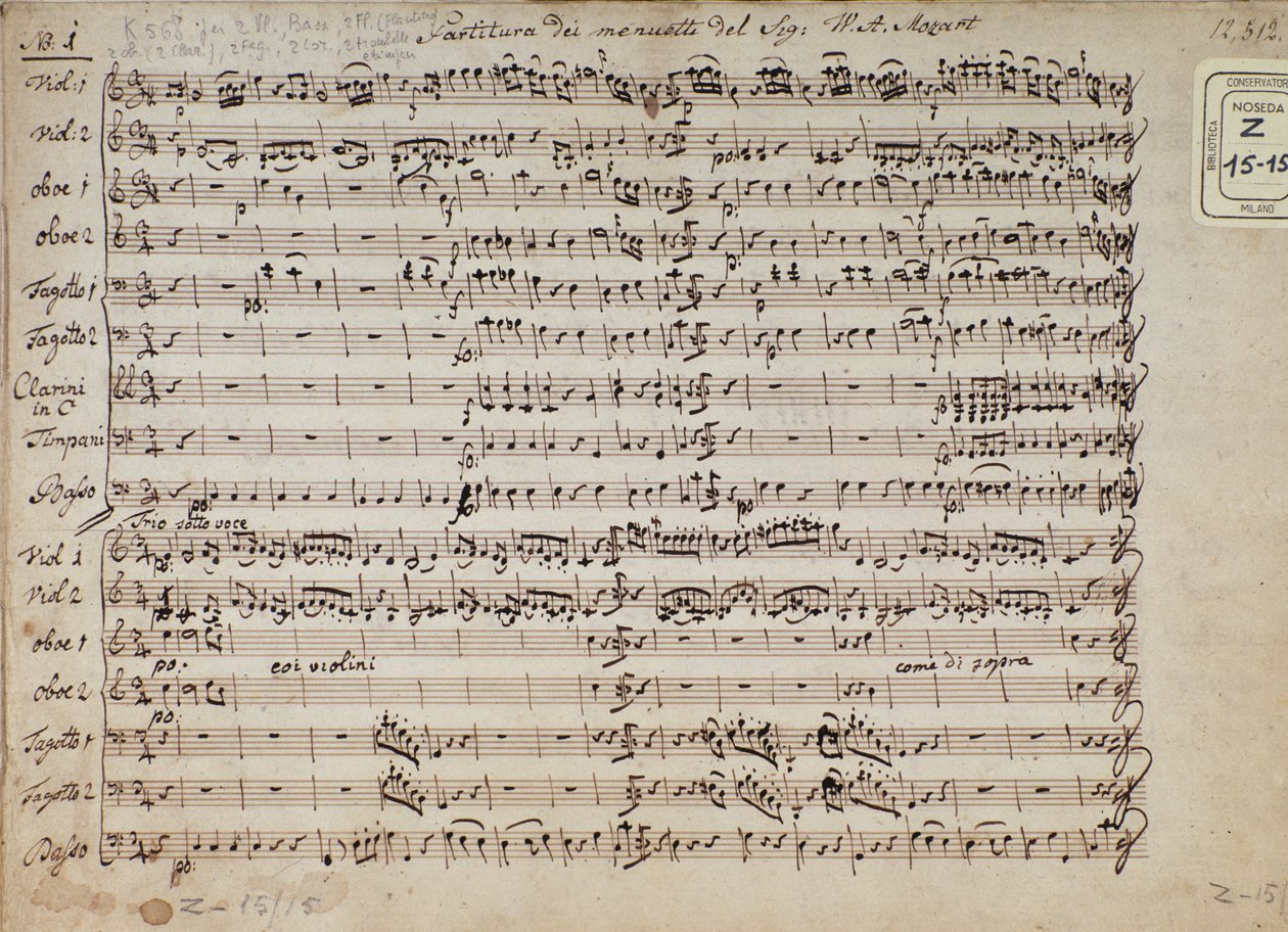 Strona partytury nutowej menuetów w 5 kadencjach na fortepian KV 568 austriackiego kompozytora Wolfganga Amadeusza Mozarta (1756-1791) autorstwa Austrian School