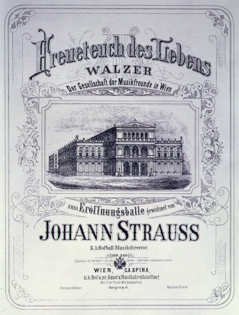 Plakat reklamujący Freueteuch des Lebens, walc Johanna Straussa Młodszego, który zostanie przedstawiony na balu inauguracyjnym, 1870 autorstwa Austrian School