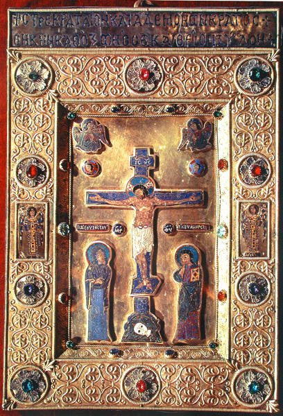 Tablica przedstawiająca Ukrzyżowanie z Matką Boską i św. Janem Chrzcicielem (złoto, emalia i kamienie szlachetne) autorstwa Byzantine