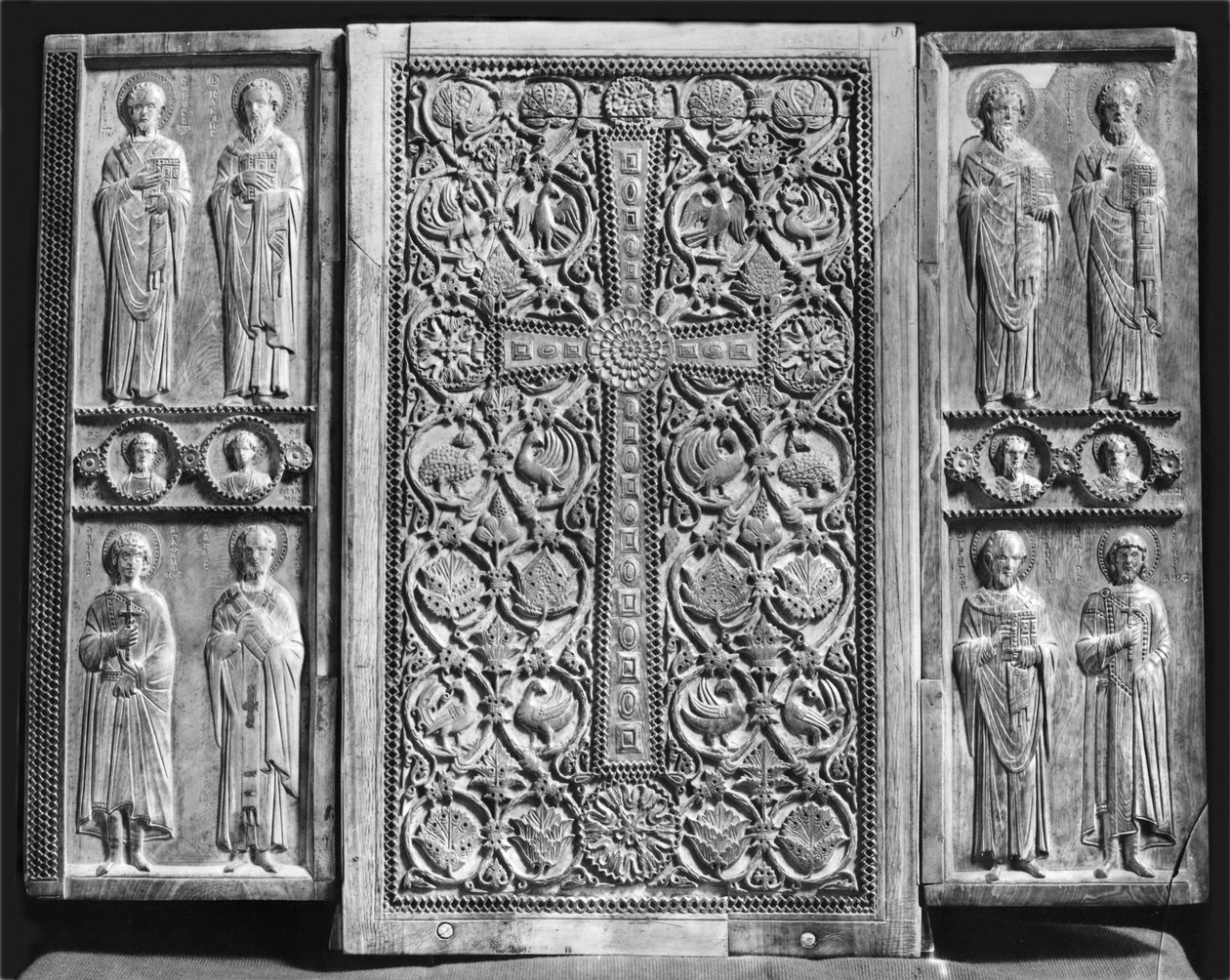 Tryptyk przedstawiający Chrystusa na tronie z Dziewicą i św. Janem Chrzcicielem (rewers) (zob. też 213280) autorstwa Byzantine