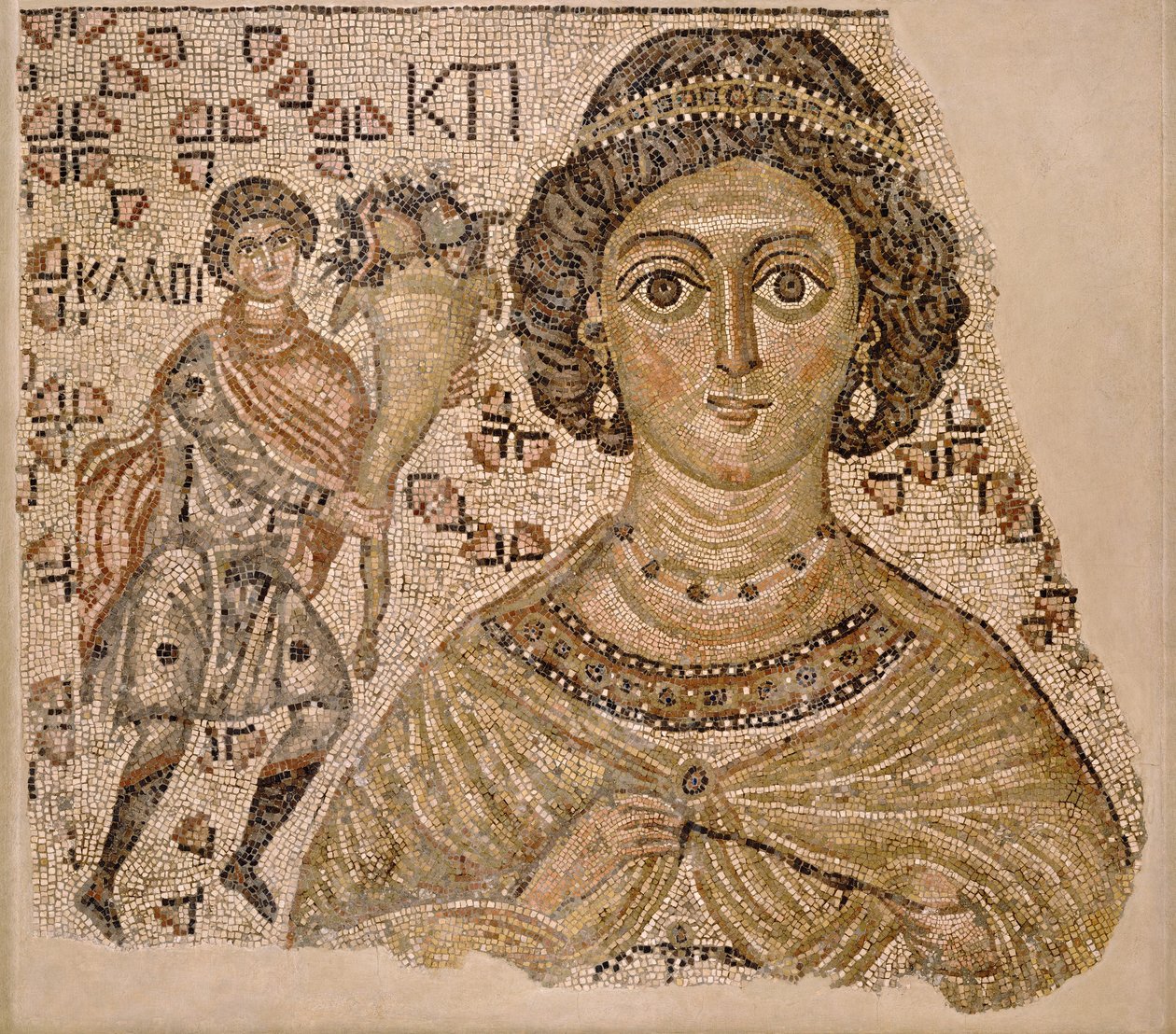 Fragment mozaiki podłogowej z personifikacją Ktisy, 500-550 (marmur i szkło) autorstwa Byzantine School