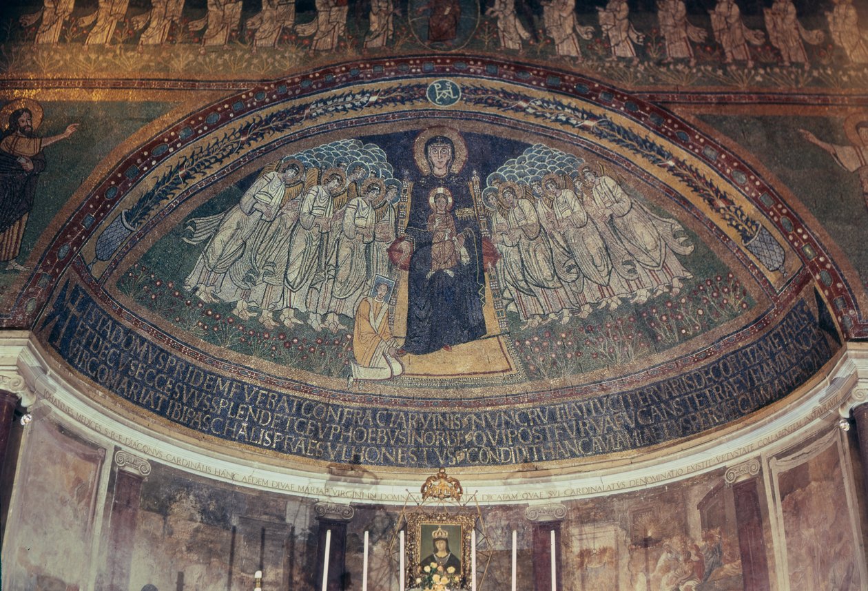 Papież Paschał I (817-24) u stóp Dziewicy z Dzieciątkiem, od absydy (mozaika) autorstwa Byzantine School