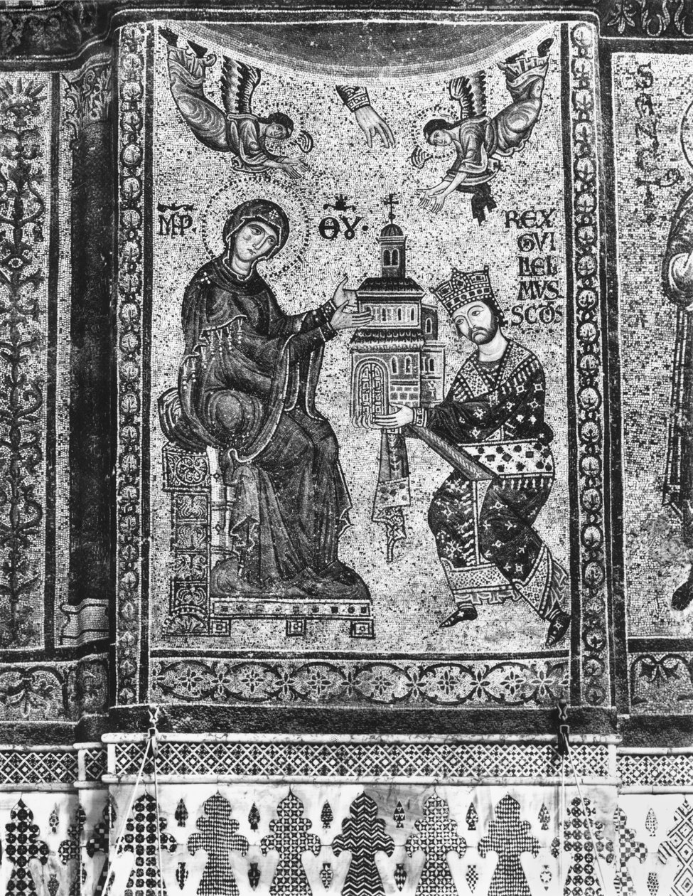 Król Wilhelm II Sycylii ofiarowuje Dziewicy Kościół Monreale (mozaika) autorstwa Byzantine School