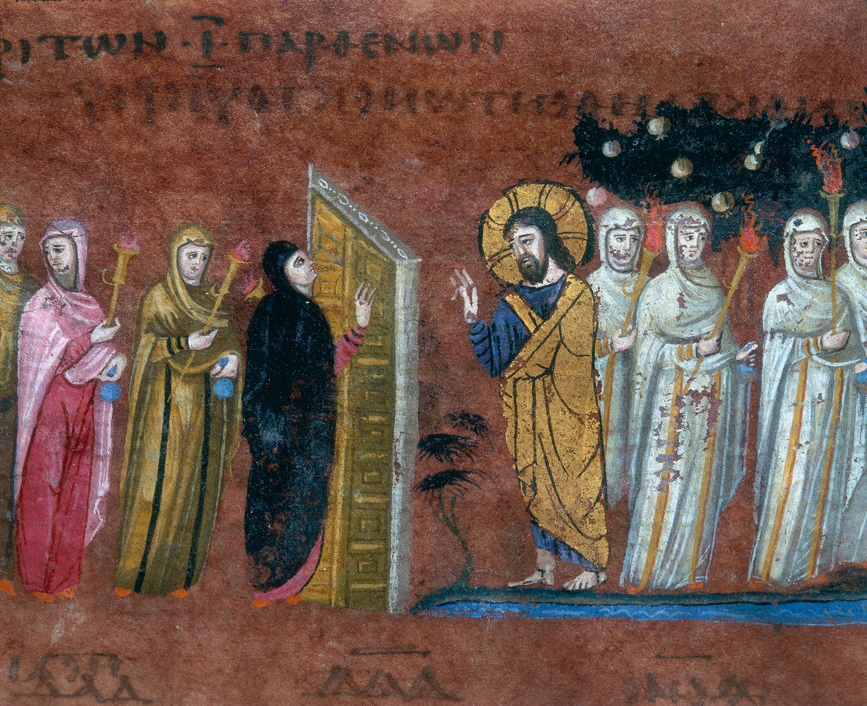Przypowieść o dziesięciu dziewicach, fragment miniatury z Codex Purpureus Rossanensis, miniatura greckich ewangelistów prawdopodobnie z Antiochii Syryjskiej lub Cesarea Palestina i przechowywana w Di autorstwa Byzantine School