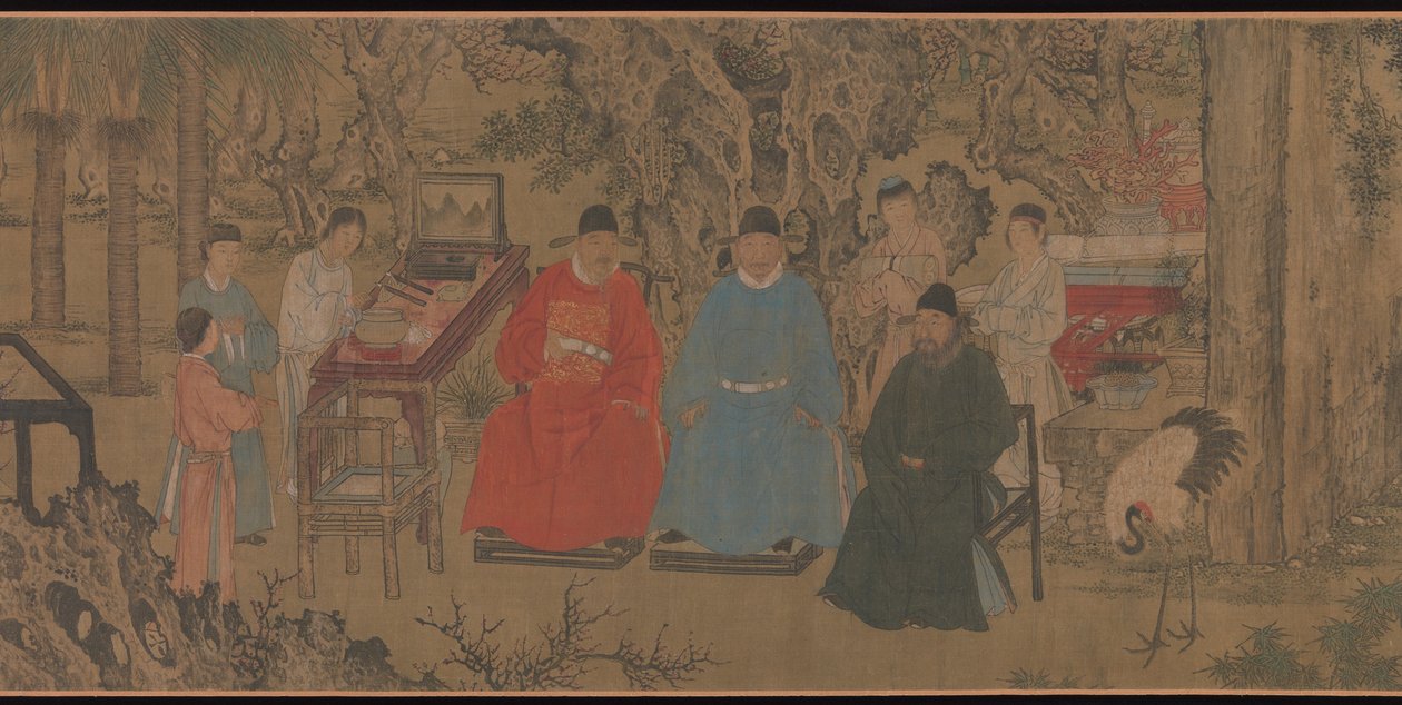 Eleganckie spotkanie w morelowym ogrodzie, zwój, ok. 1437 (tusz i kolor na jedwabiu) autorstwa Chinese School