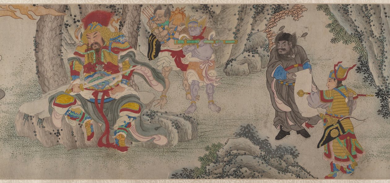 W poszukiwaniu demonów w górach, zwój, ok. 1630 (atrament i kolor na papierze) autorstwa Chinese School