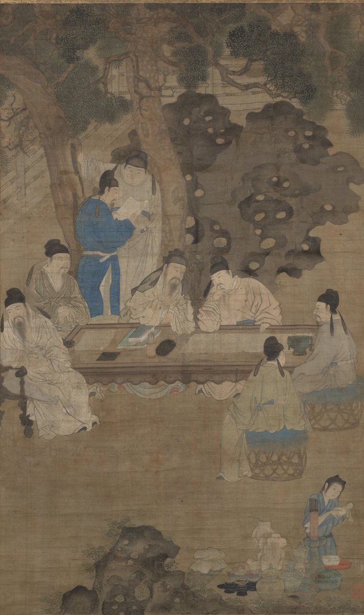 Osiemnastu uczonych z Tang, XVII wiek (atrament, kolor i jedwab) autorstwa Chinese School