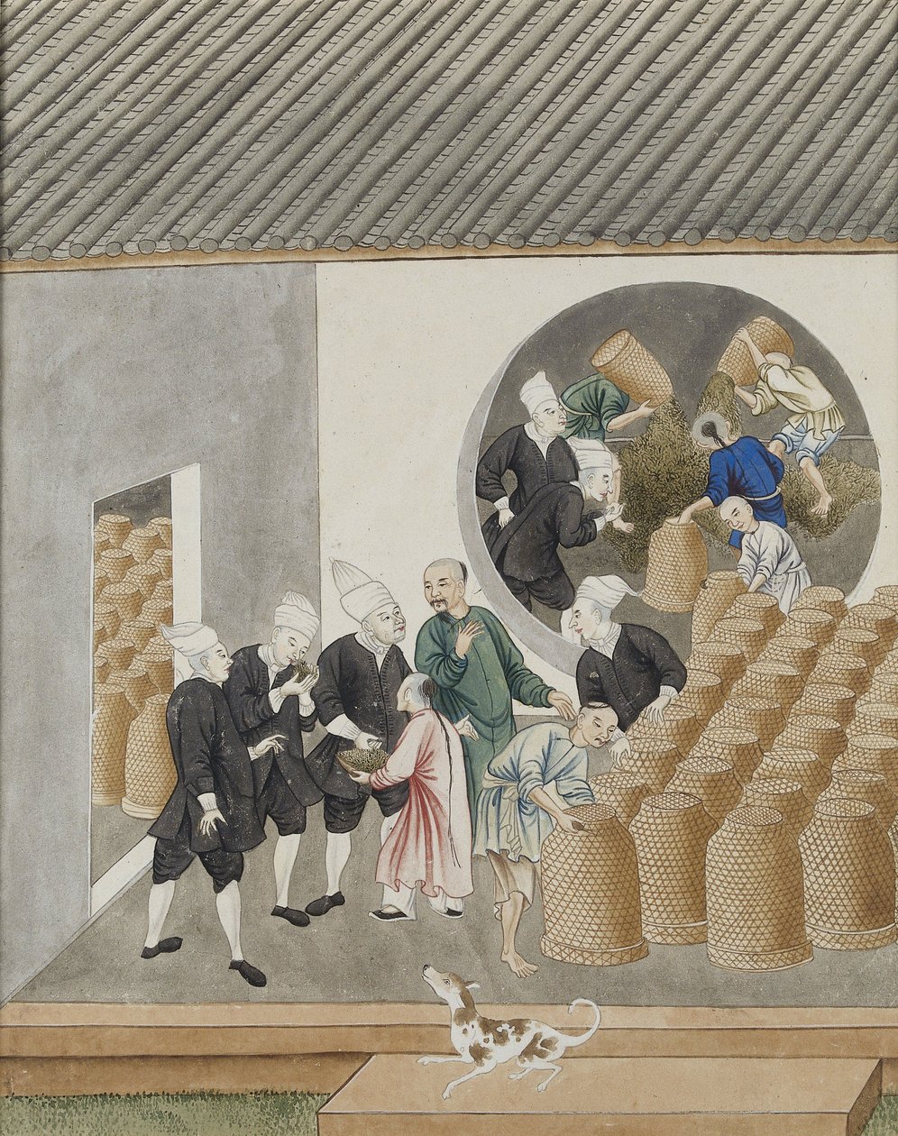 Obróceni holenderscy kupcy z VOC oceniają jakość herbaty w magazynie herbaty w Kantonie (Guangzhou), ok. 1770 r. autorstwa Chinese School