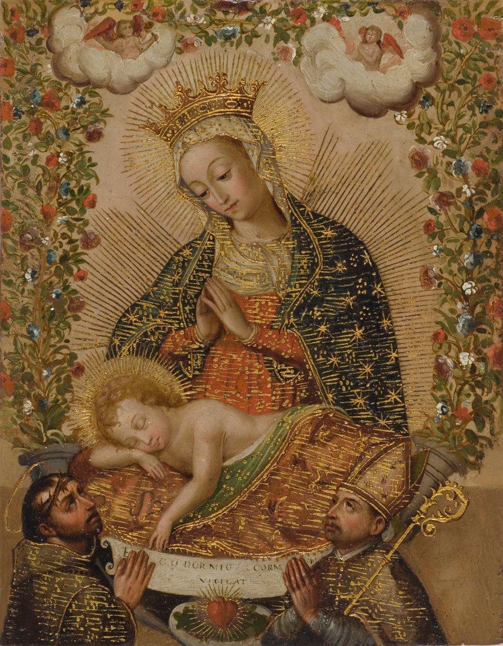 Matka Boska Adorująca Dzieciątko Jezus z Dwoma Świętymi, XVIII w. (olej ze złotem na miedzi) autorstwa Cuzco School