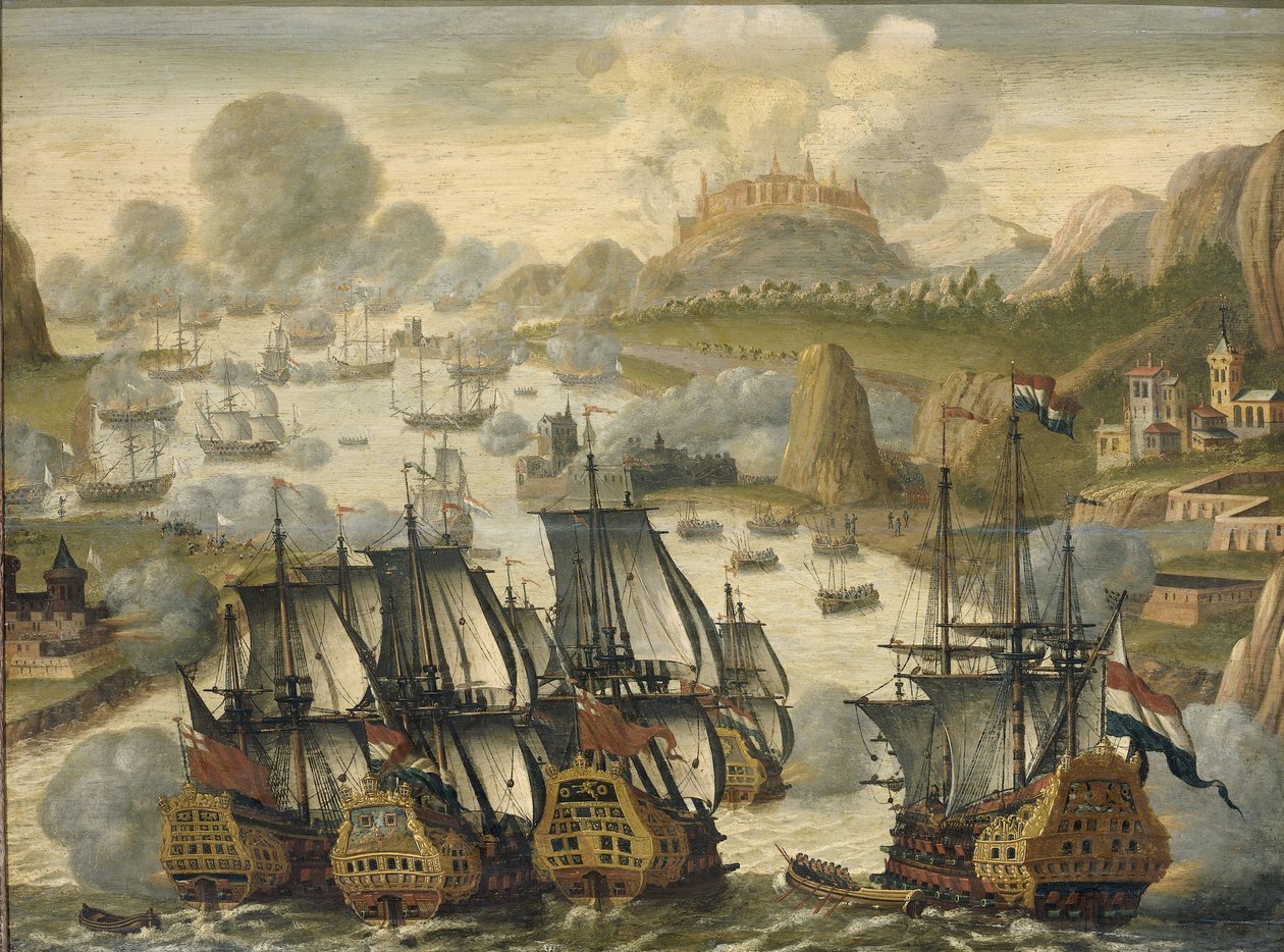 Bitwa morska pod Vigo Bay, 23 października 1702 z wojny o sukcesję hiszpańską, c.1705 autorstwa Dutch School