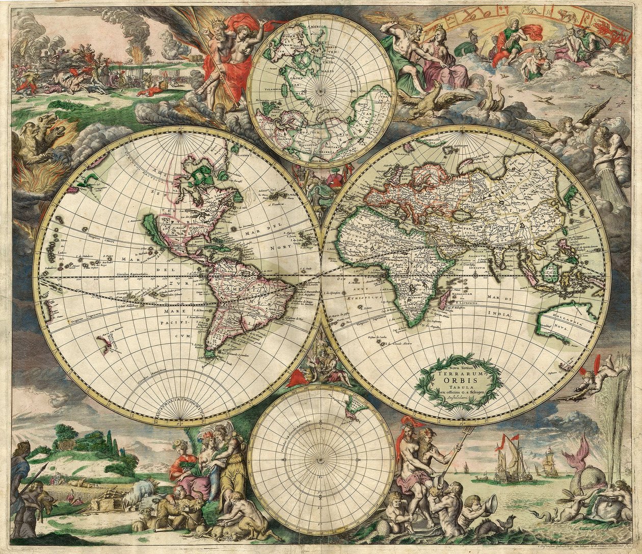 Terrarum Orbis Tabula wg G. a Schagen. Pub. C. 1689 (ręcznie kolorowane grawerowanie) autorstwa Dutch School