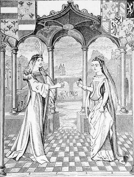 Wywiad zaręczynowy, ilustracja z nauki i literatury w średniowieczu i renesansie, napisany i ryty przez Paula Lacroix, 1878 autorstwa English School