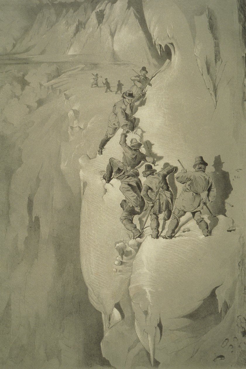Niebezpieczny kąt, z dziesięciu scen z ostatniego wejścia na Mont Blanc, w tym pięć widoków ze szczytu, autorstwa J.D.H. Browne, opublikowany 1853 autorstwa English School
