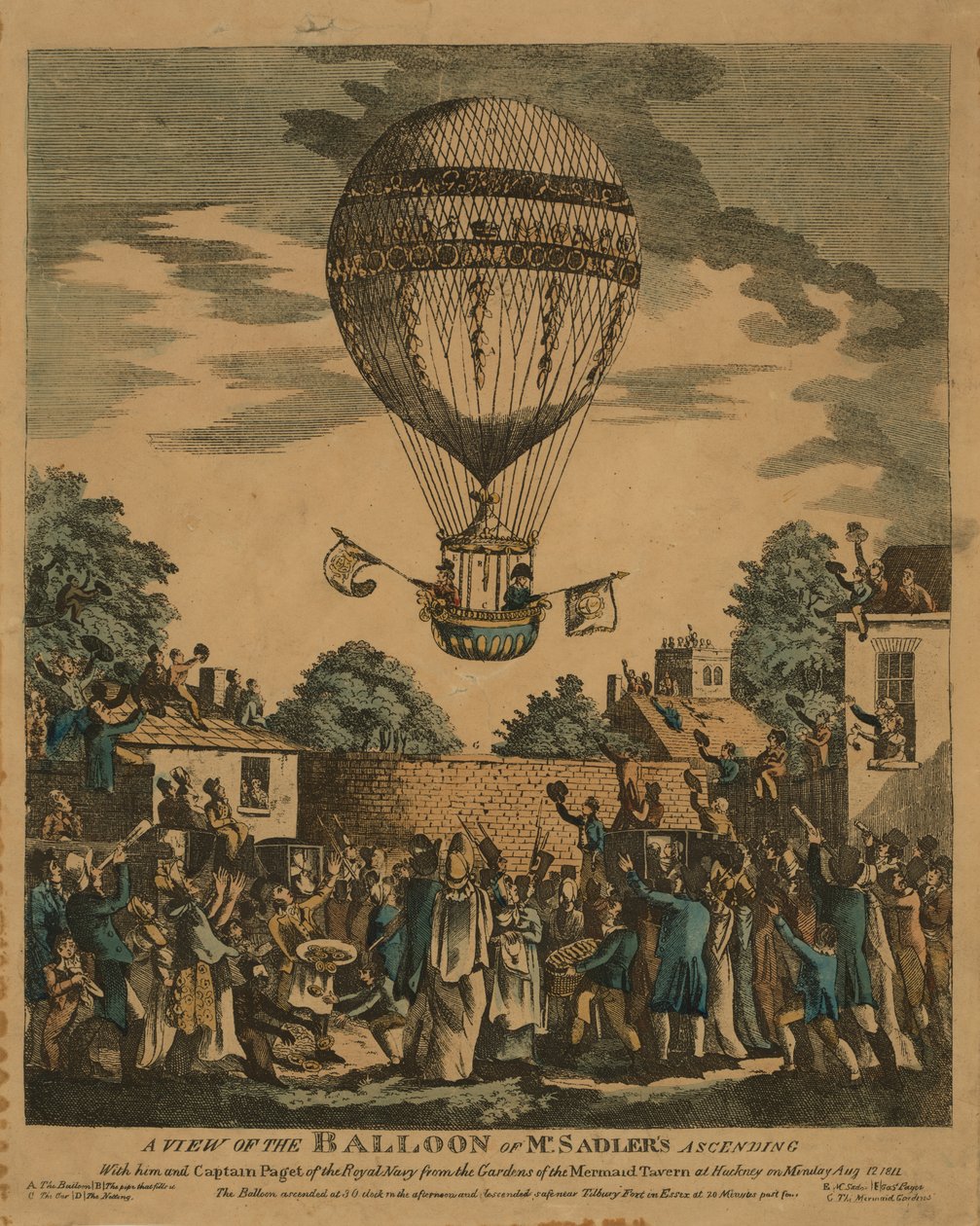 Widok balonu pana Sadlersa wznoszącego się wraz z nim i kapitanem Pagetem z Royal Navy z ogrodów Mermaid Tavern w Hackney w poniedziałek, 12 sierpnia 1811 r. autorstwa English School
