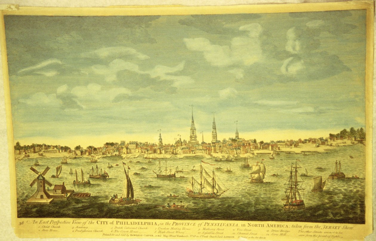 Wschodnia perspektywa miasta Filadelfii, c.1790 (ręcznie kolorowane grawerowanie) autorstwa English School