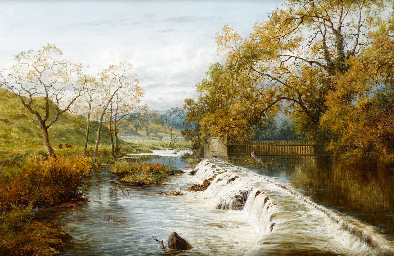 Jaz przelewowy przy stawie młyńskim, ok. 1880 r. autorstwa English School