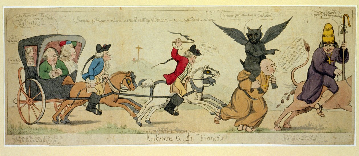 Ucieczka à la Francois, pub. Londyn 1791 (ręcznie kolorowane grawerowanie) autorstwa English School
