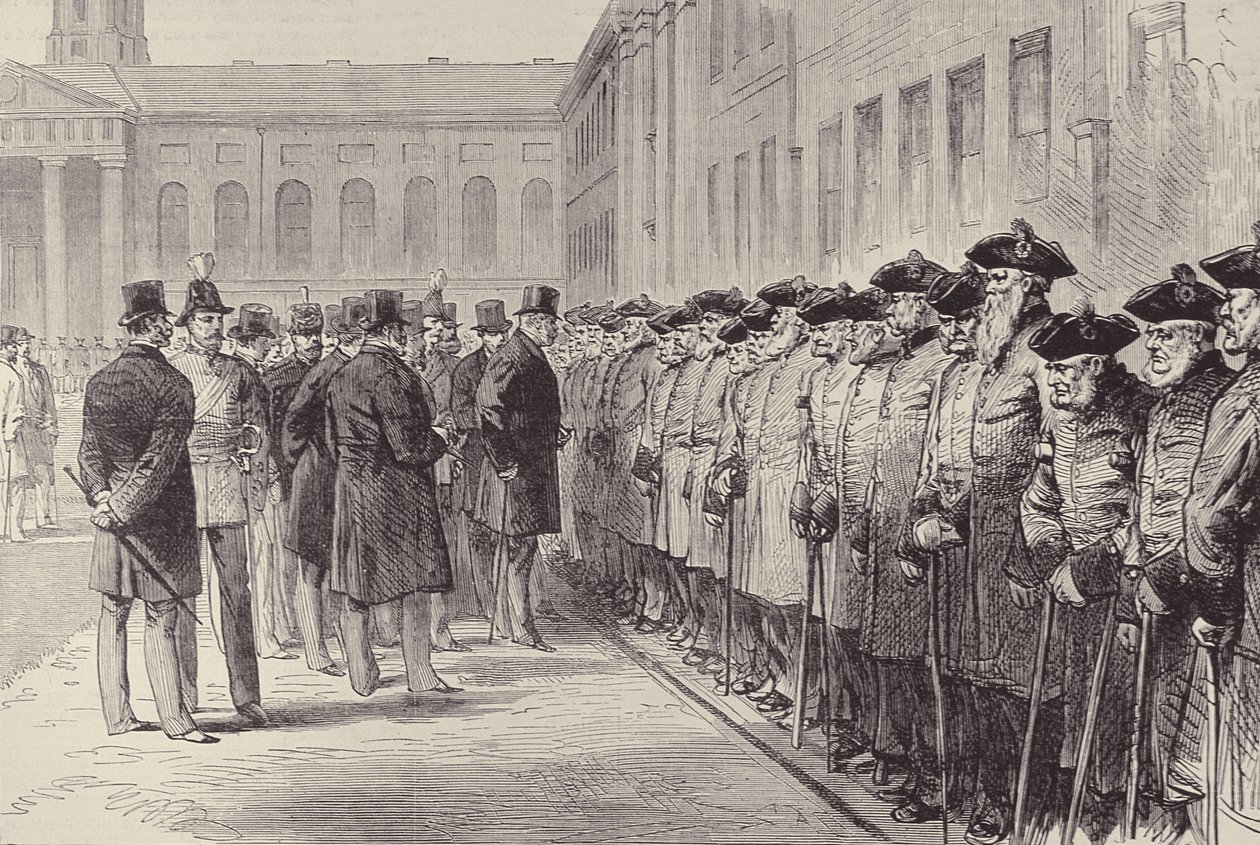 Dwustulecie szpitala Chelsea: Duke of Cambridge inspecting the Pensioners, z The Illustrated London News, 25 lutego 1882 autorstwa English School